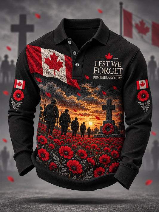 Men's Lest We Forget Canada Remembrance Day Poppy Print Long Sleeve Polo