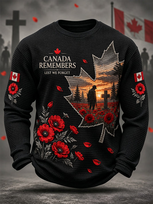 Men's Lest We Forget Canada Remembrance Day Poppy Print Waffle Long Sleeve T-Shirt