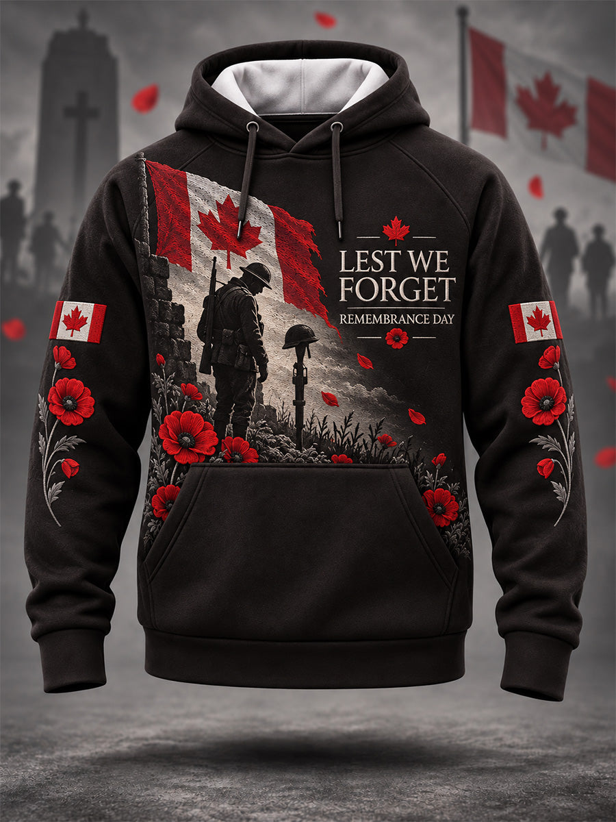 Men's Lest We Forget Canada Remembrance Day Poppy Print Hoodie
