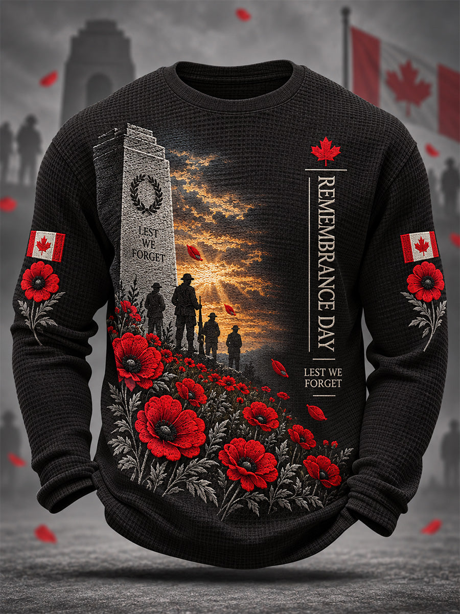 Men's Lest We Forget Canada Remembrance Day Poppy Print Waffle Long Sleeve T-Shirt