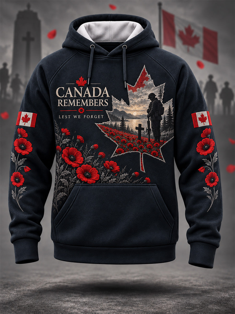Men's Lest We Forget Canada Remembrance Day Poppy Print Hoodie