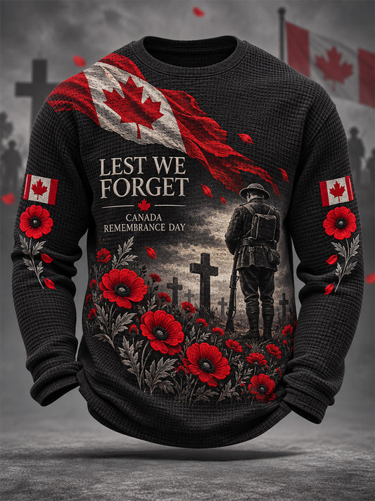 Men's Lest We Forget Canada Remembrance Day Poppy Print Waffle Long Sleeve T-Shirt