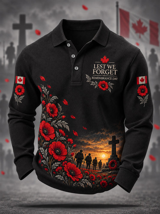 Men's Lest We Forget Canada Remembrance Day Poppy Print Long Sleeve Polo