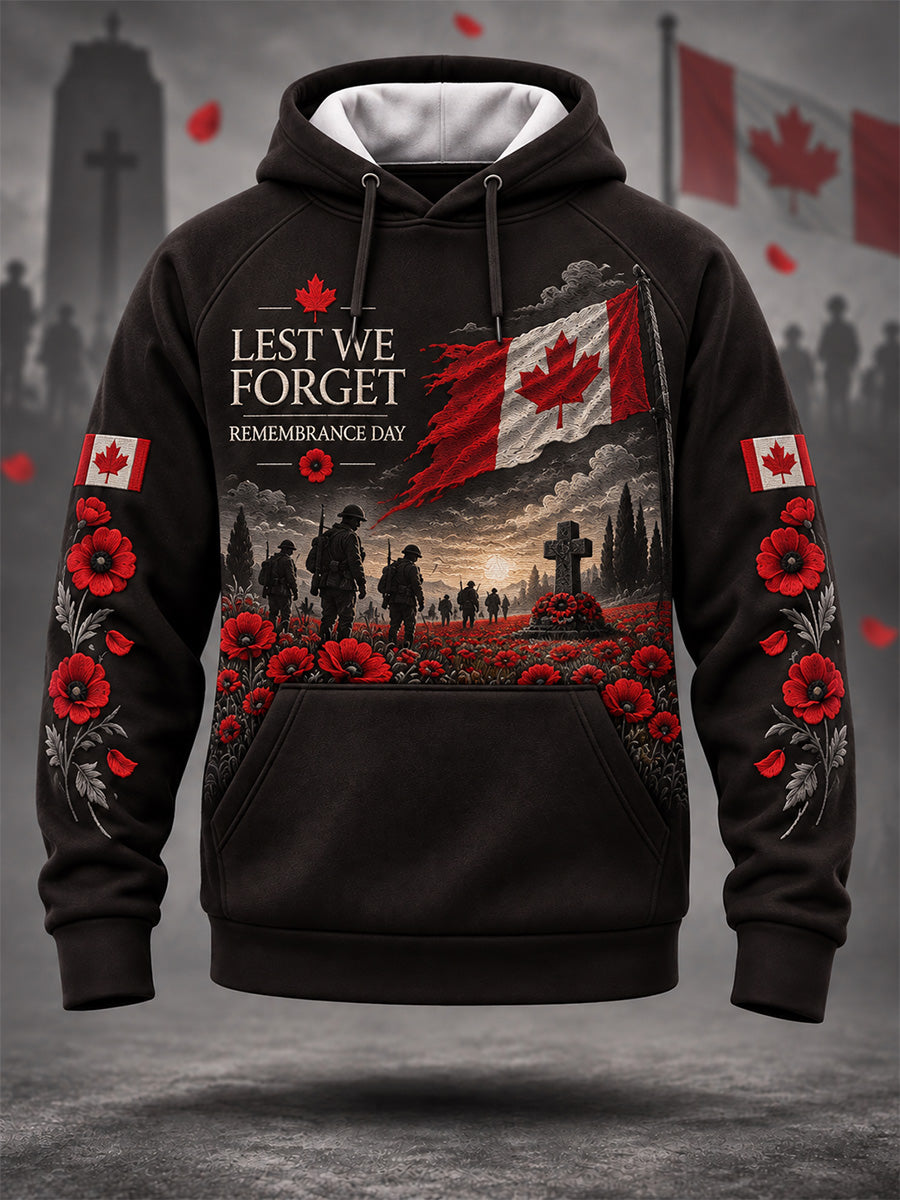 Men's Lest We Forget Canada Remembrance Day Poppy Print Hoodie