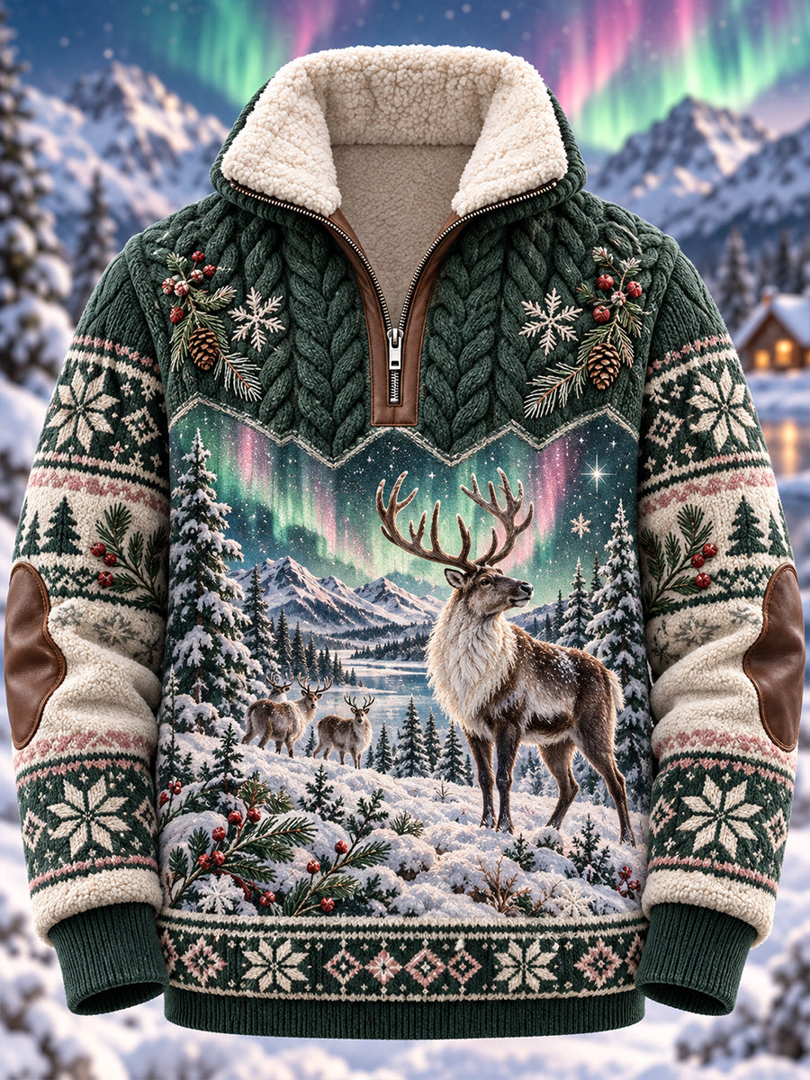 Men's Nordic Forest Animal Fleece-Lined Long-Sleeve Sweatshirt