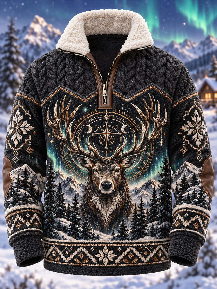 Men's Nordic Forest Animal Fleece-Lined Long-Sleeve Sweatshirt
