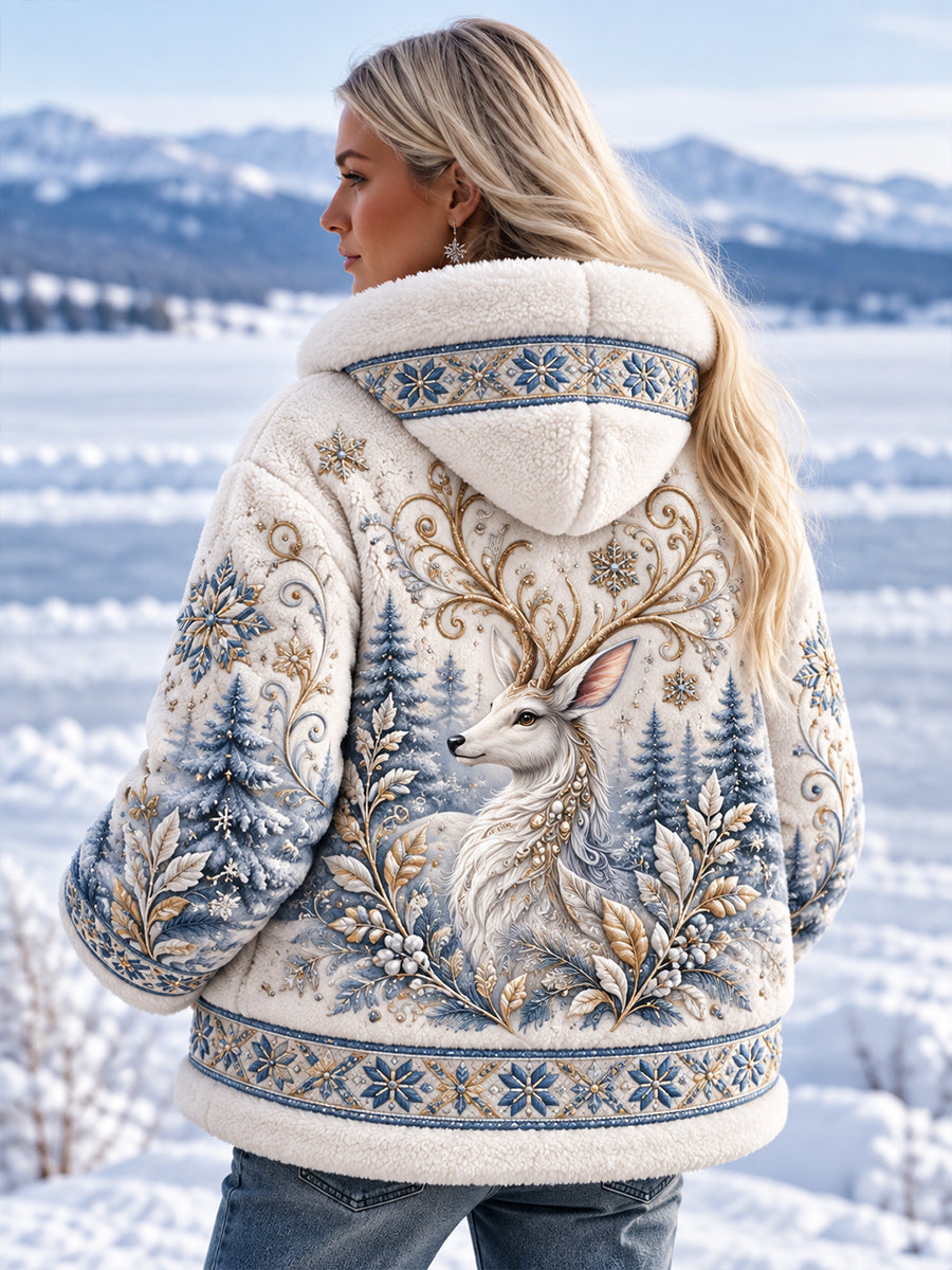 Women's Nordic Forest Animal Print Fleece-Lined Long-Sleeve Hoodie