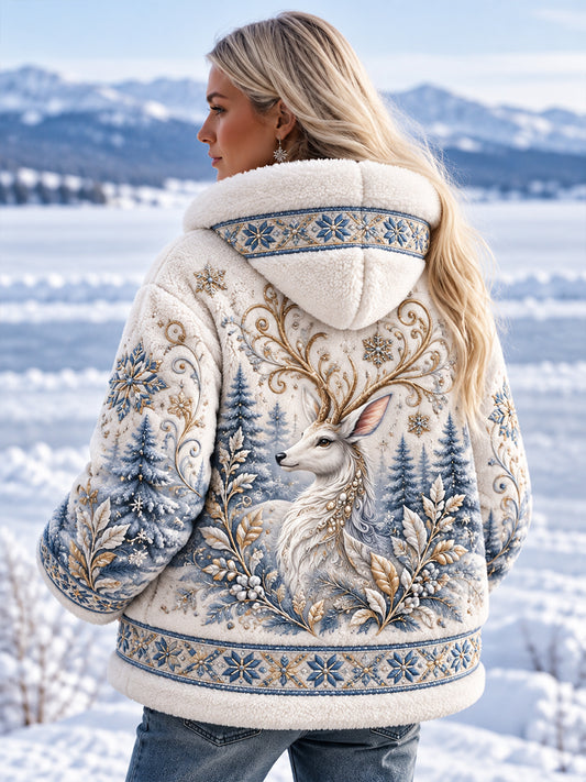 Women's Nordic Forest Animal Print Fleece-Lined Long-Sleeve Hoodie
