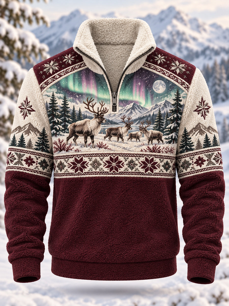 Men's Nordic Forest Animal Fleece-Lined Long-Sleeve Sweatshirt