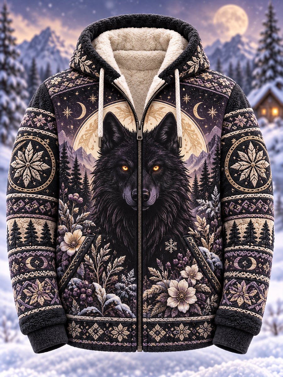 Men's Nordic Forest Animal Print Fleece-Lined Hoodie Jacket