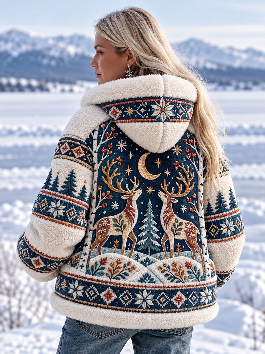 Women's Nordic Forest Animal Print Fleece-Lined Long-Sleeve Hoodie
