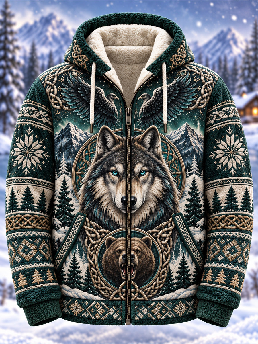 Men's Nordic Forest Animal Print Fleece-Lined Hoodie Jacket