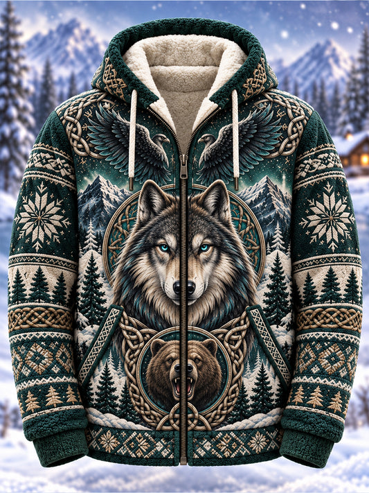 Men's Nordic Forest Animal Print Fleece-Lined Hoodie Jacket