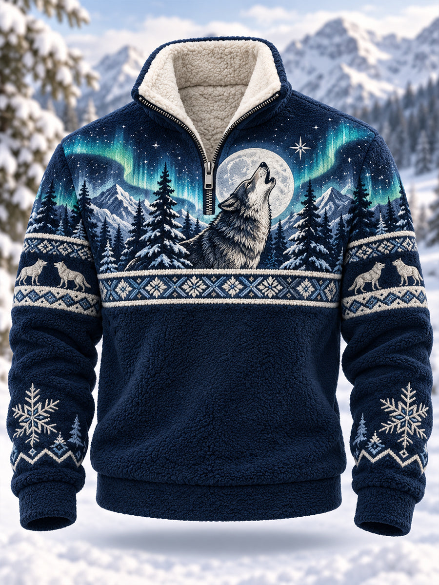 Men's Nordic Forest Animal Fleece-Lined Long-Sleeve Sweatshirt