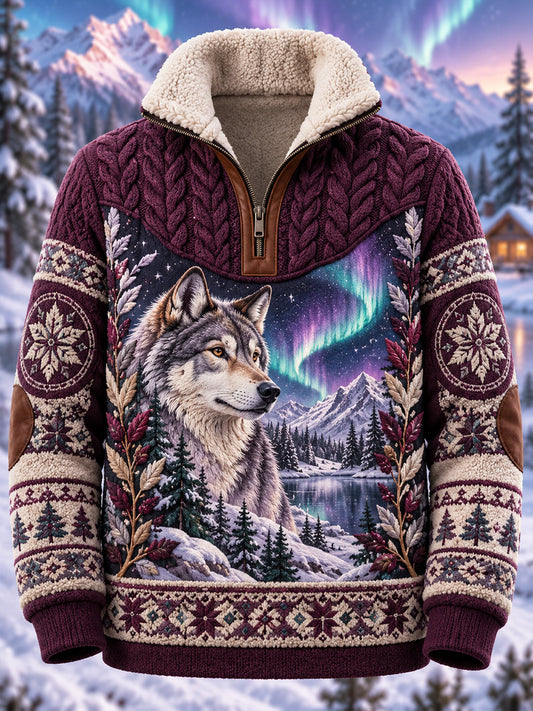 Men's Nordic Forest Animal Fleece-Lined Long-Sleeve Sweatshirt
