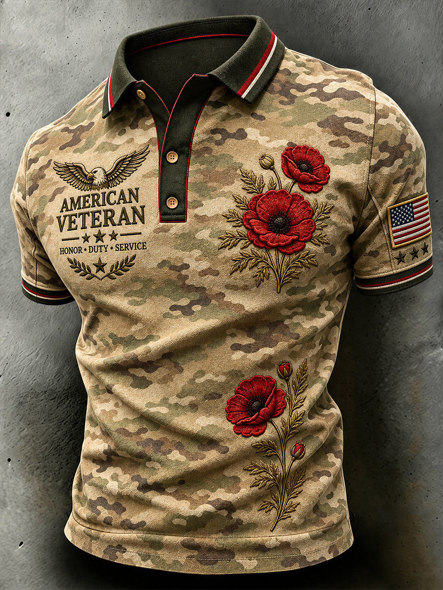 Men's Short-Sleeve Polo Shirt With Veteran-Themed Camouflage Print