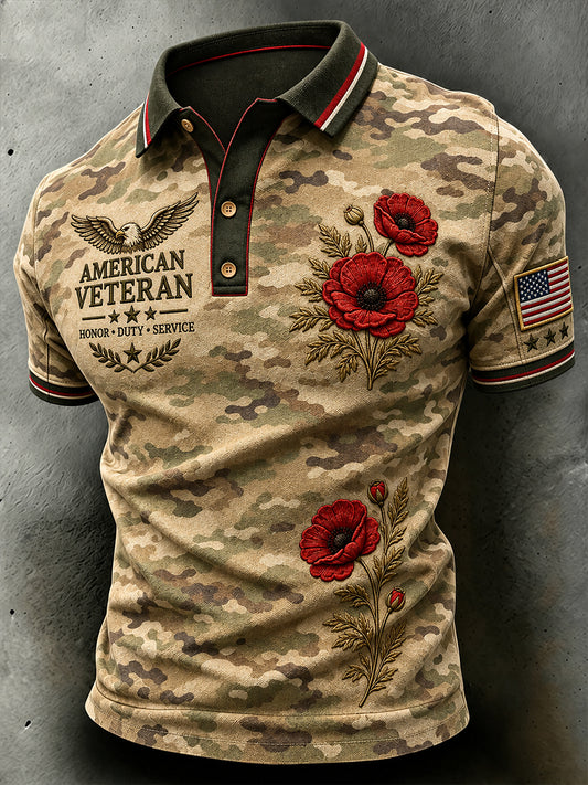 Men's Short-Sleeve Polo Shirt With Veteran-Themed Camouflage Print