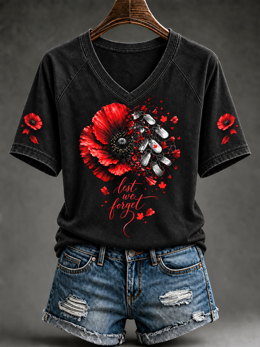 Women's Lest We Forget Canada Remembrance Day Print V-neck Short Sleeve T-shirt