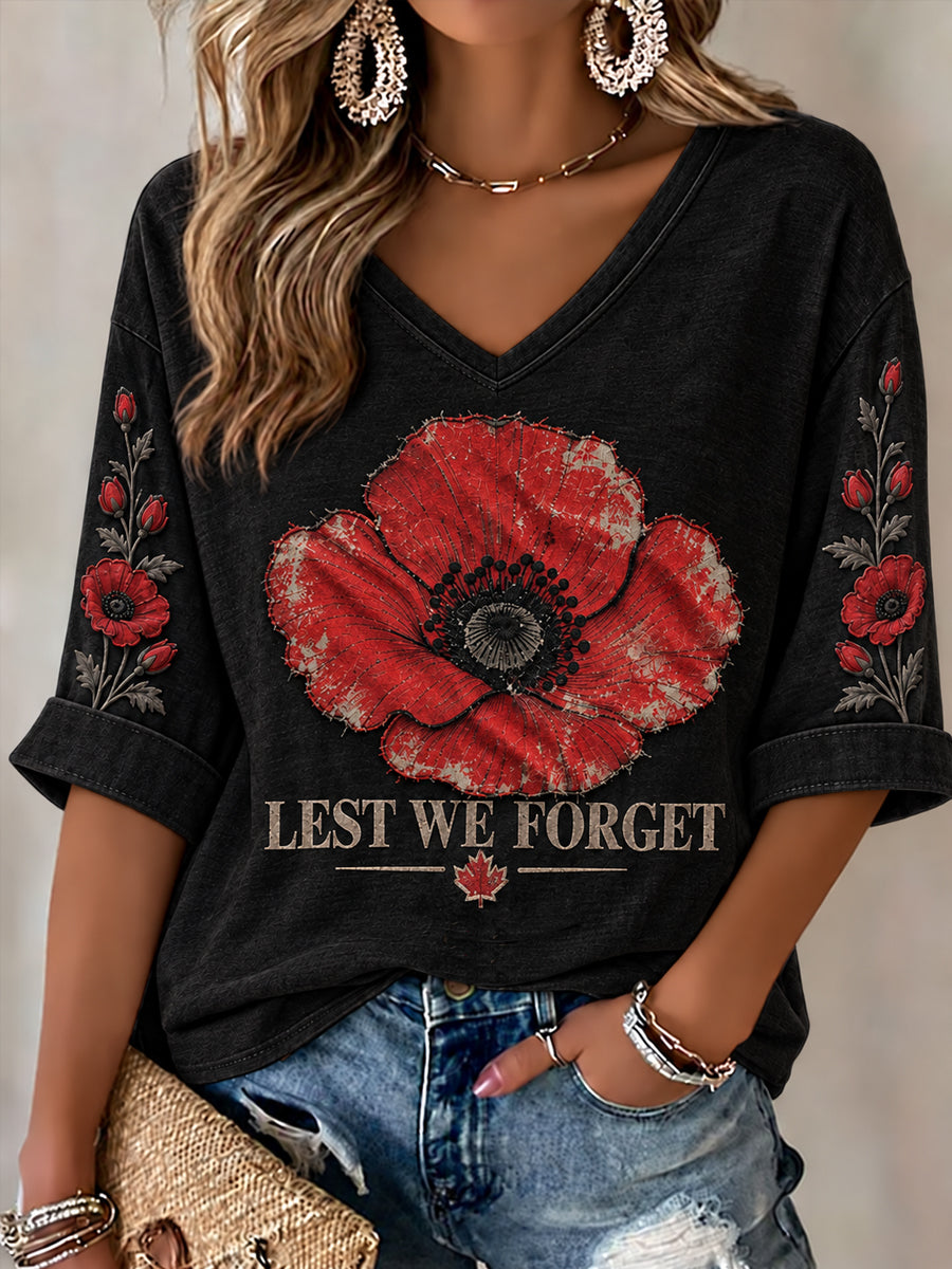 Women's Lest We Forget Canada Remembrance Day Print Mid-length Sleeves V-Neck T-Shirt