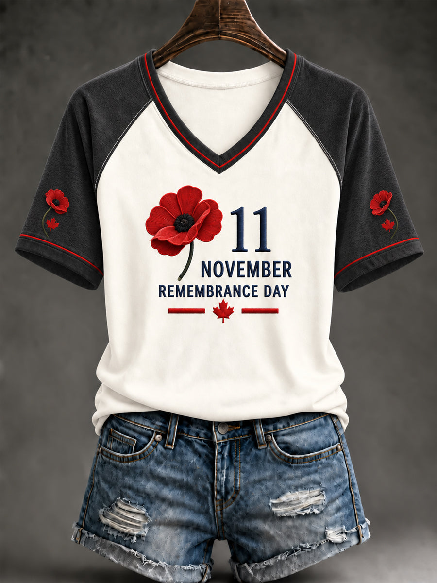 Women's Lest We Forget Canada Remembrance Day Print V-neck Short Sleeve T-shirt