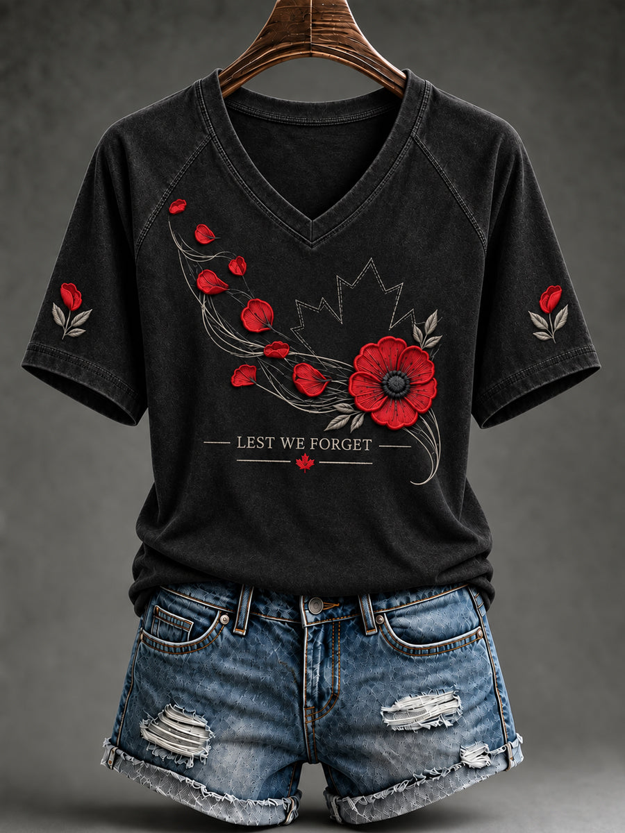 Women's Lest We Forget Canada Remembrance Day Print V-neck Short Sleeve T-shirt