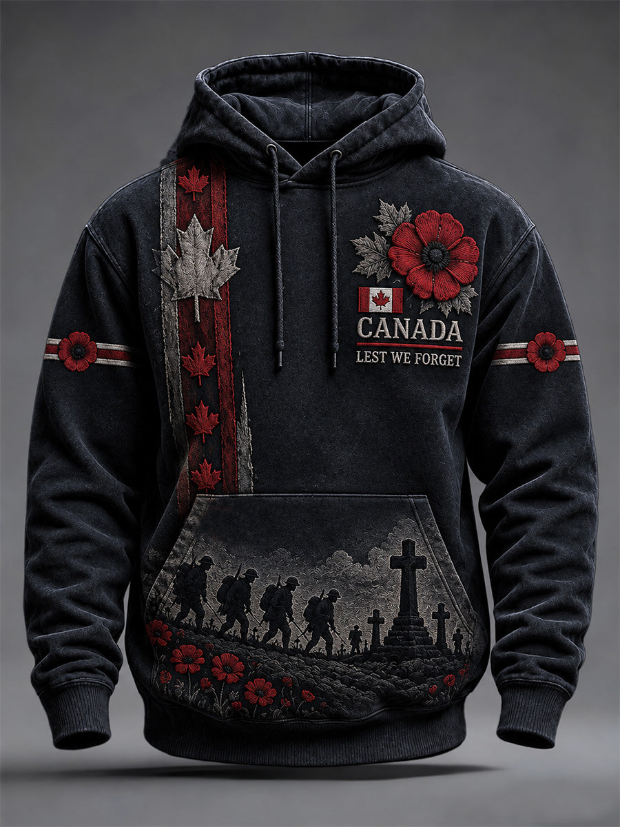 Men's Lest We Forget Canada Remembrance Day Poppy Print Oversized Drop-Shoulder Hoodie With Pockets