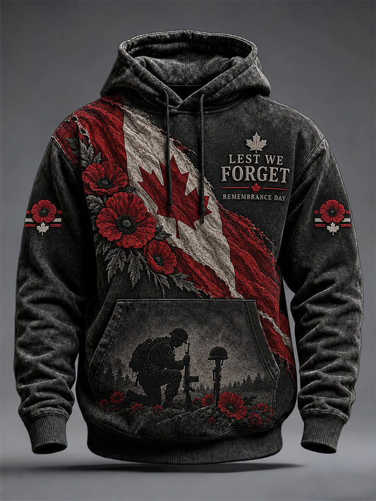 Men's Lest We Forget Canada Remembrance Day Print Oversized Drop-Shoulder Hoodie With Pockets