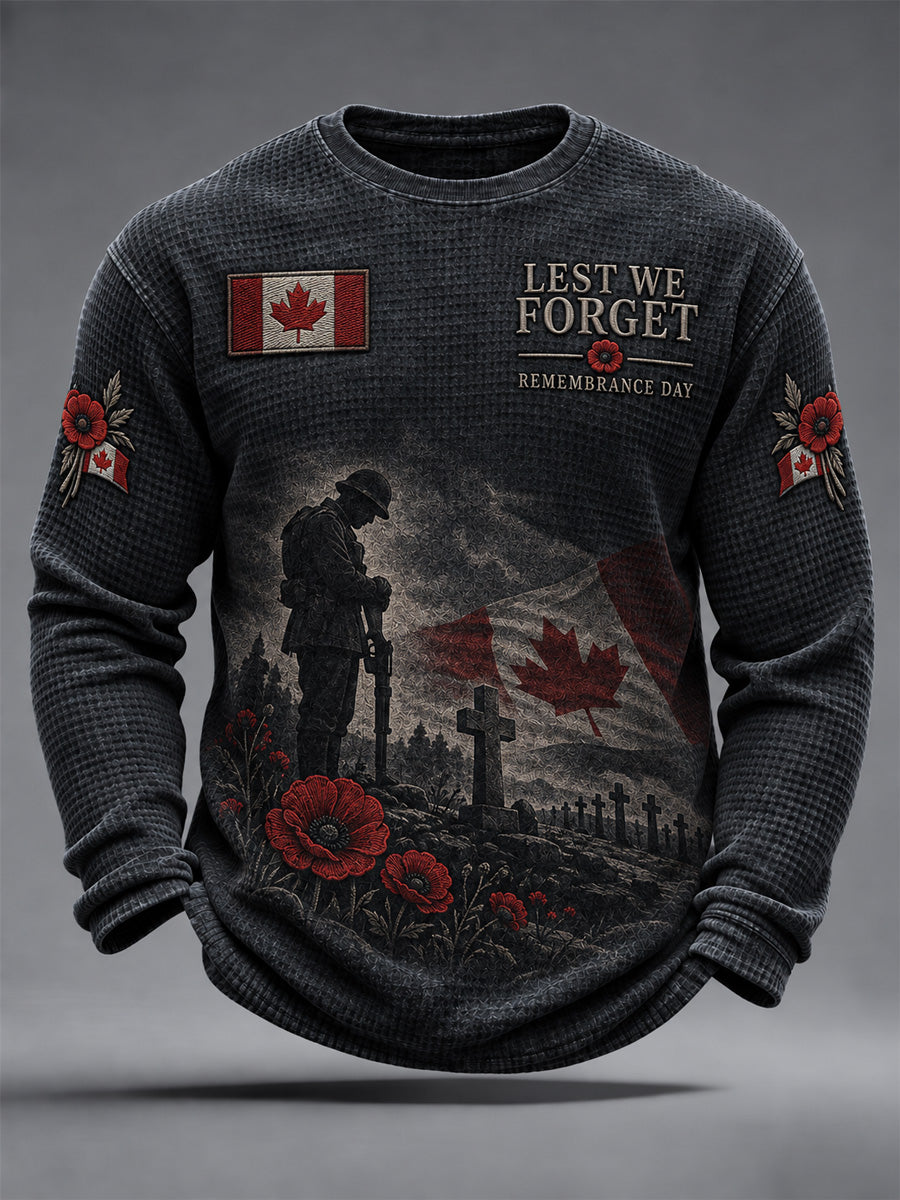 Men's Lest We Forget Canada Remembrance Day Poppy Print Waffle Long Sleeve T-Shirt