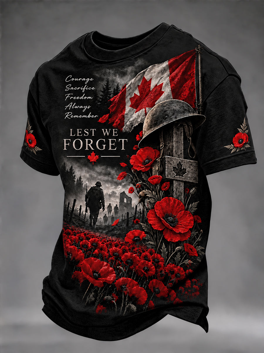 Men's Lest We Forget Canada Remembrance Day Print Short Sleeve T-shirt