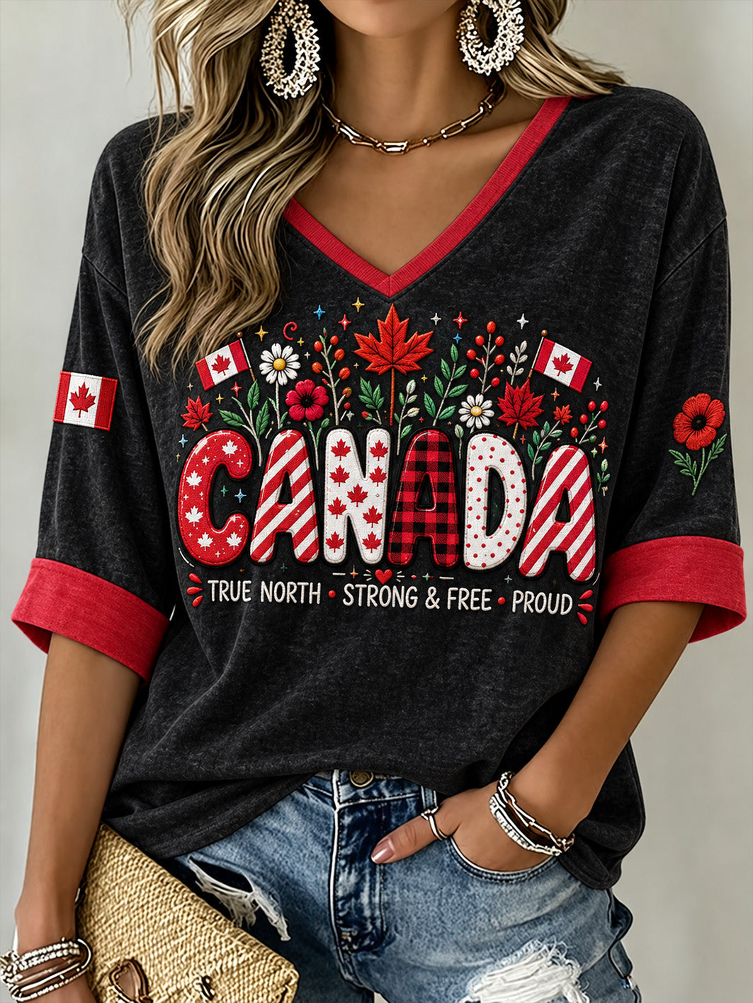 Women's Canada Pattern Printed Mid-length Sleeves V-Neck T-Shirt