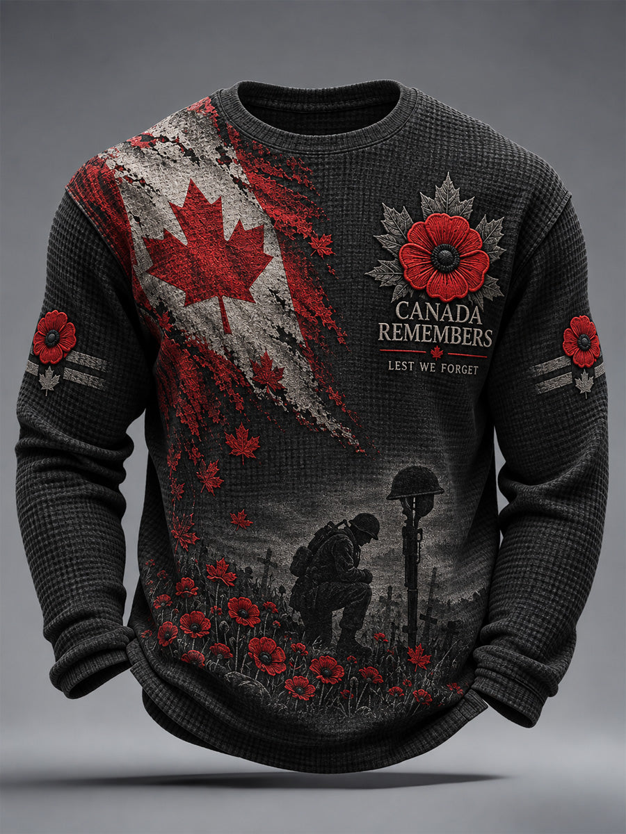 Men's Lest We Forget Canada Remembrance Day Poppy Print Waffle Long Sleeve T-Shirt