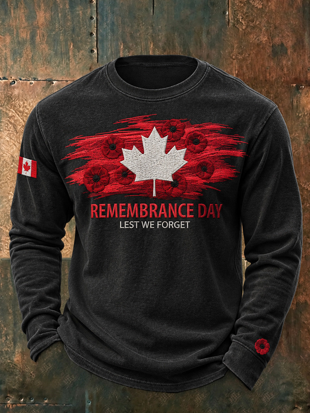 Men's Last We Forget Slogan Papaver Rhoeas Pattern Printed Long Sleeve Round Neck T-shirt