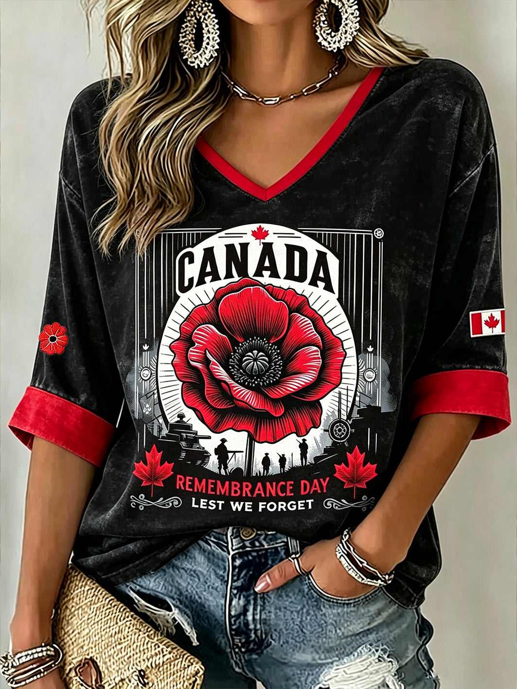 Women's Last We Forget Slogan Papaver Rhoeas Pattern Printed Causal Mid-length Sleeves V-Neck T-Shirt
