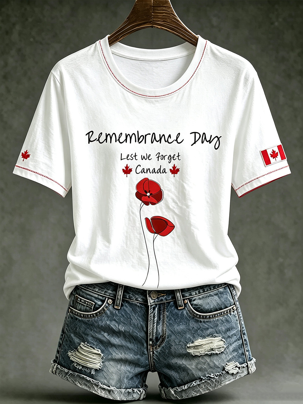 Women's Last We Forget Slogan Papaver Rhoeas Pattern Printed Short-Sleeved T-shirt
