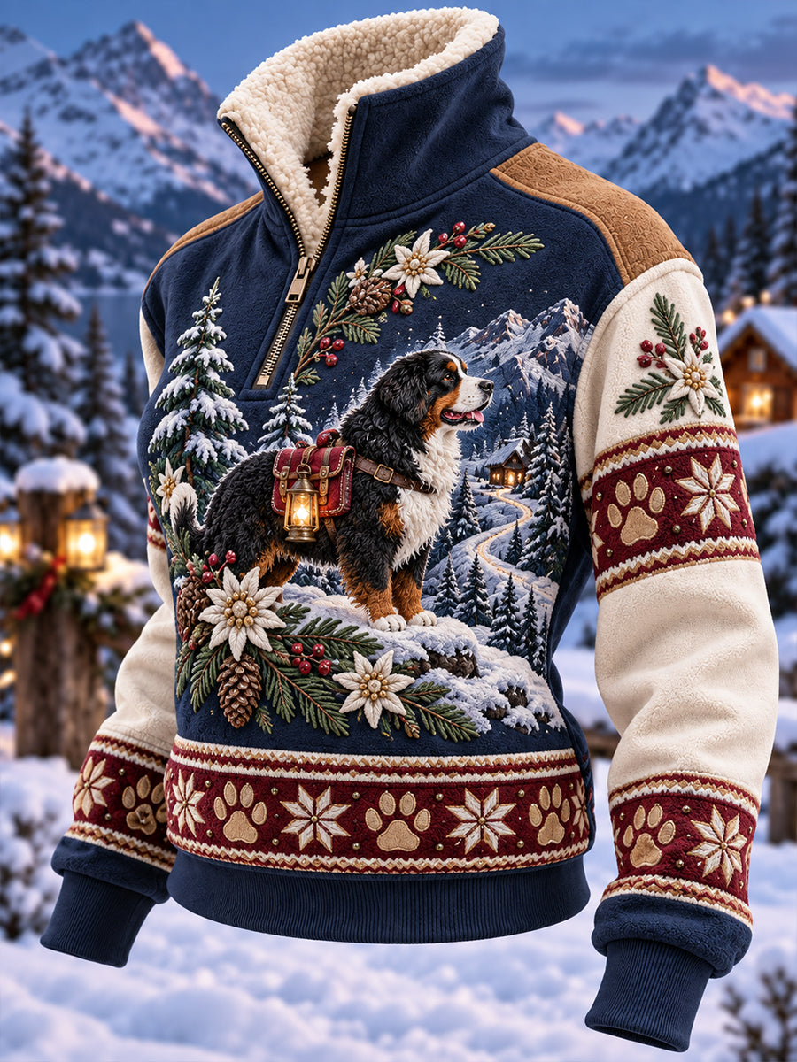 Women's Cozy Mock-Neck Top with Vintage-Style Animal Art Print