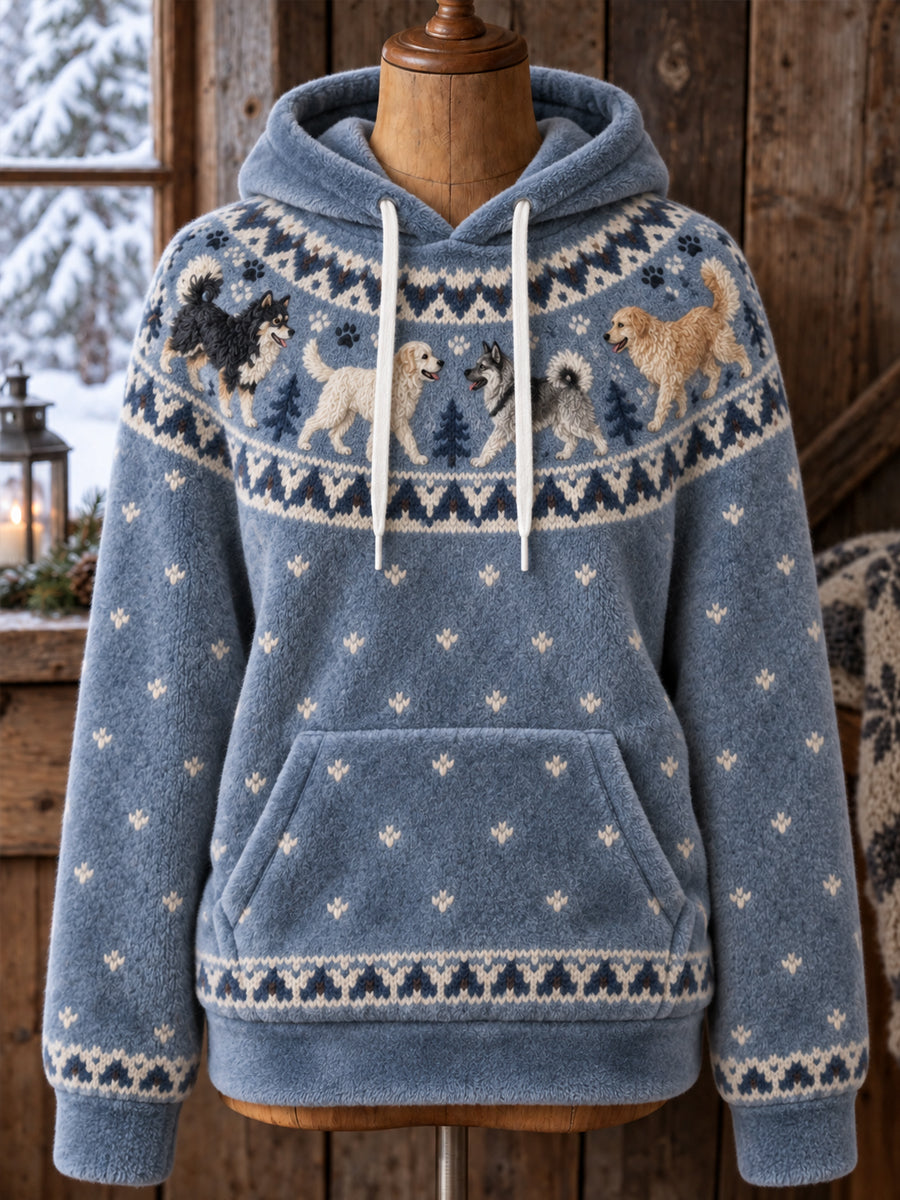 Women's Cozy Flannel Hoodie with Vintage-Style Animal Art Print