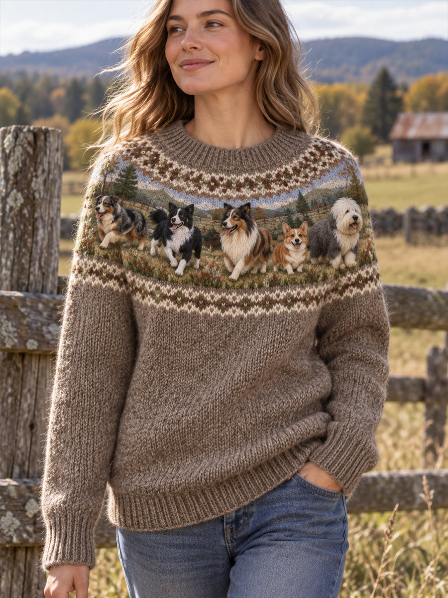 Women's Vintage-Style Animal Fair Isle Print Comfortable Crew-Neck Sweater
