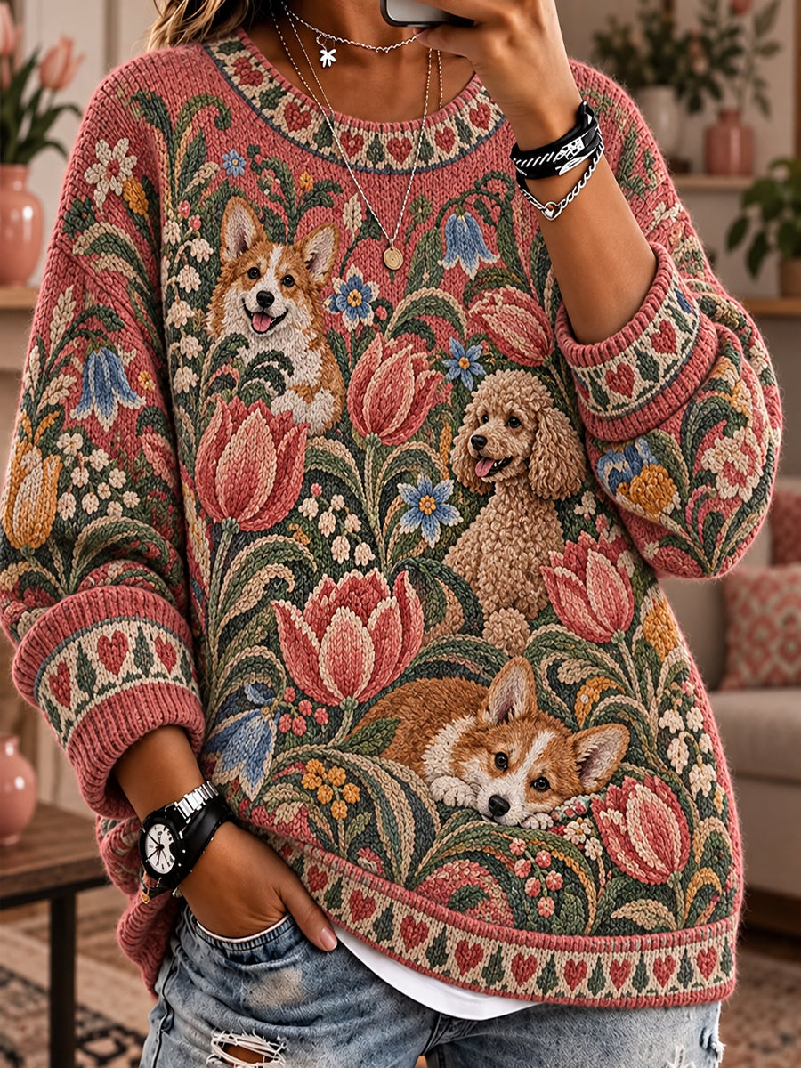 Women's Vintage-Style Animal Fair Isle Print Comfortable Crew-Neck Sweater