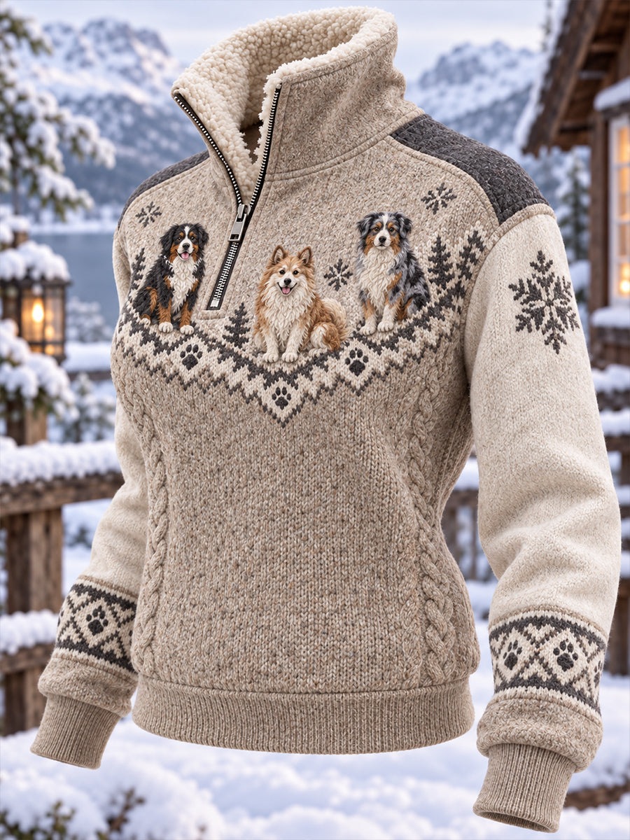 Women's Cozy Mock-Neck Top with Vintage-Style Animal Art Print