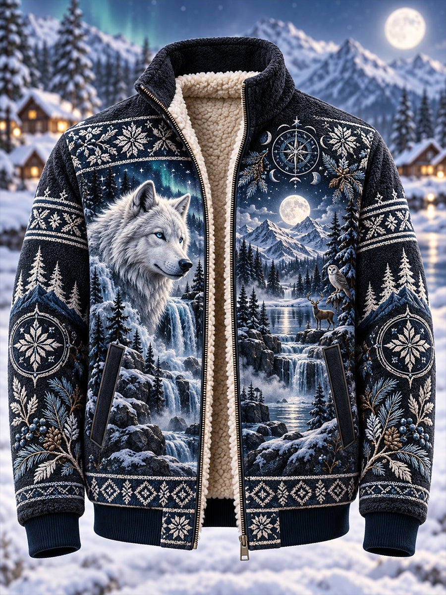 Men's Nordic Forest Animal Fleece-Lined Stand-Collar Jacket