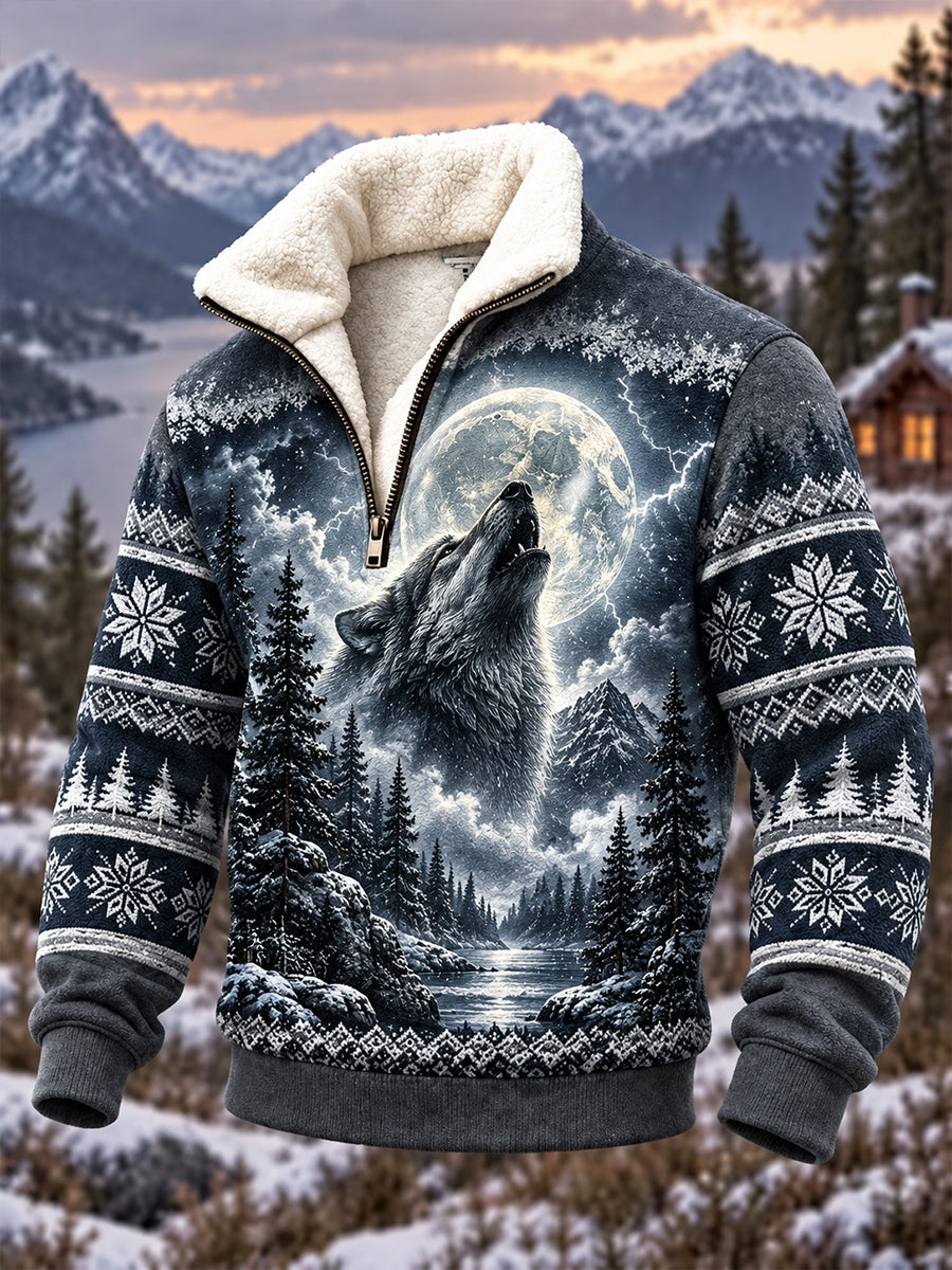 Men's Nordic Forest Animal Fleece-Lined  Casual Sweatshirt