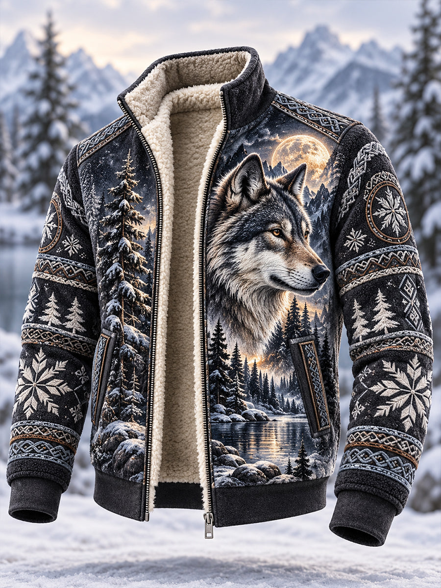 Men's Nordic Forest Animal Fleece-Lined Stand-Collar Jacket