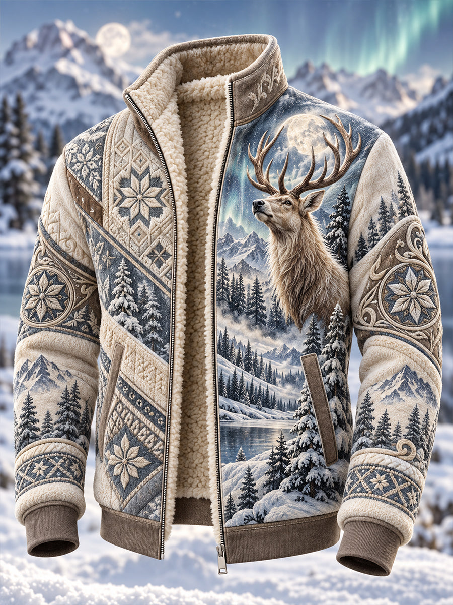 Men's Nordic Forest Animal Fleece-Lined Stand-Collar Jacket