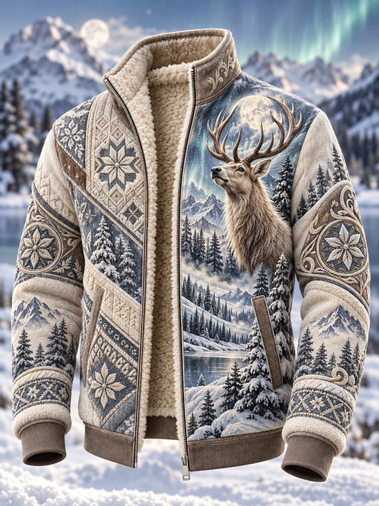 Men's Nordic Forest Animal Fleece-Lined Stand-Collar Jacket