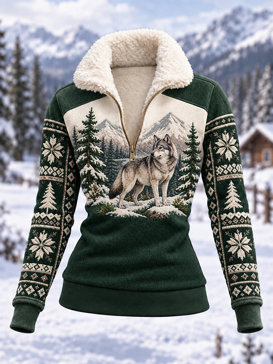 Women's Winter Wolf Print Casual Composite Fleece Hoodie
