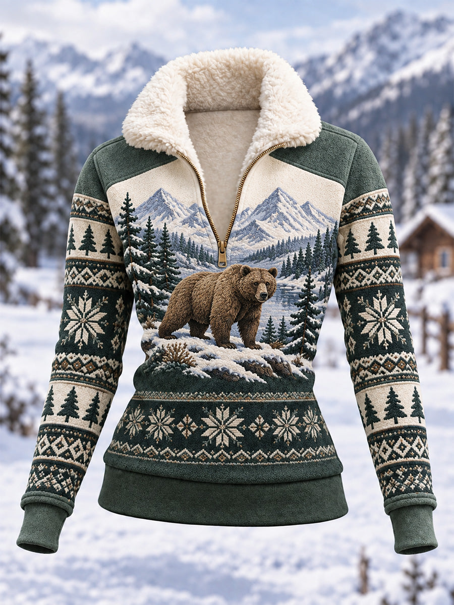 Women's Winter Bear Print Casual Composite Fleece Hoodie