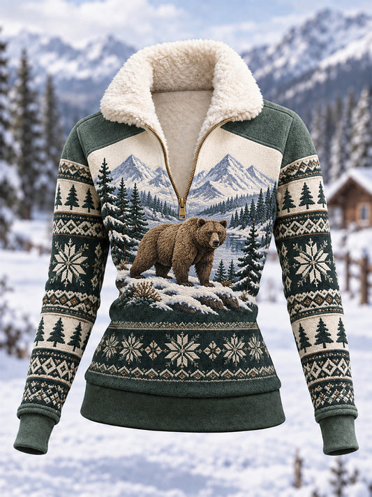 Women's Winter Bear Print Casual Composite Fleece Hoodie