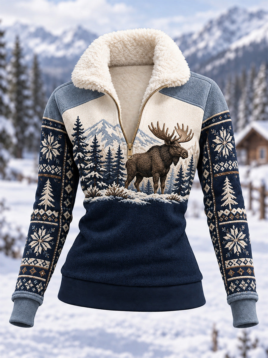 Women's Winter Moose Print Casual Composite Fleece Hoodie