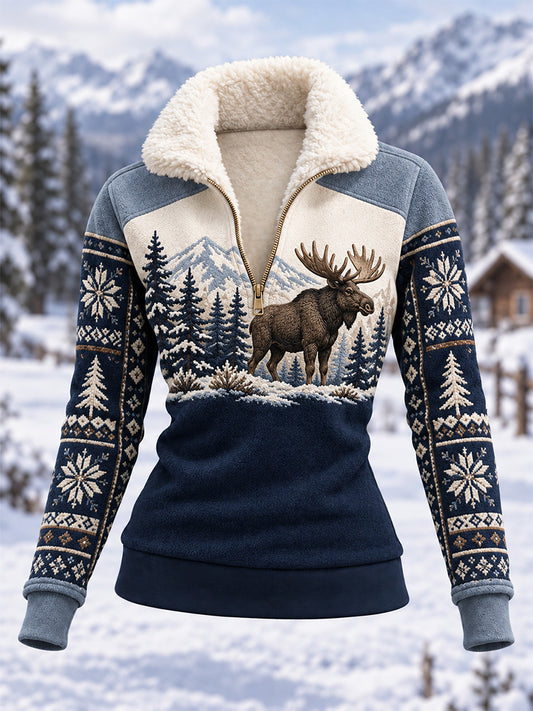 Women's Winter Moose Print Casual Composite Fleece Hoodie