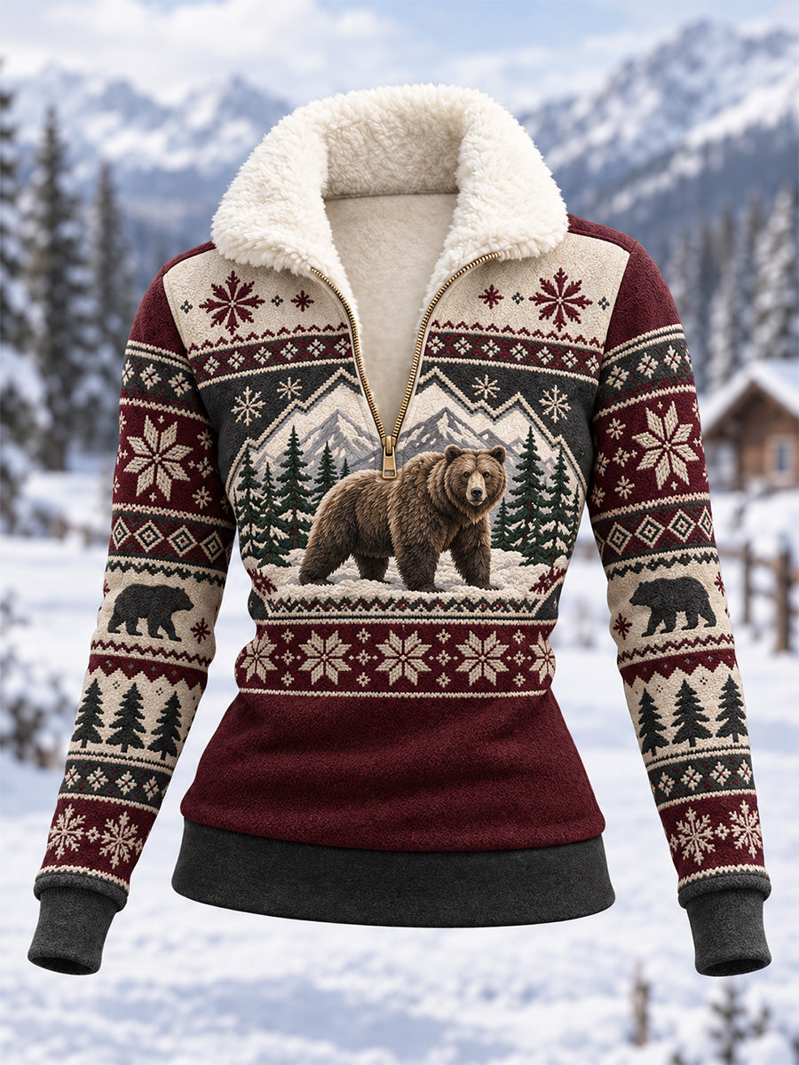 Women's Winter Bear Print Casual Composite Fleece Hoodie